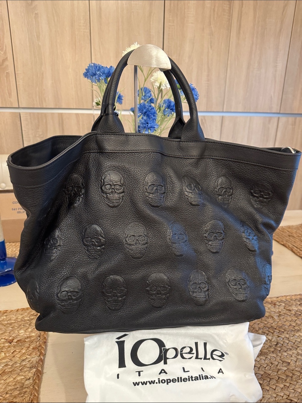 IO PELLE LARGEST Black Embossed Skull 
Made in Italy Leather Tote-VIRAL BAG!!